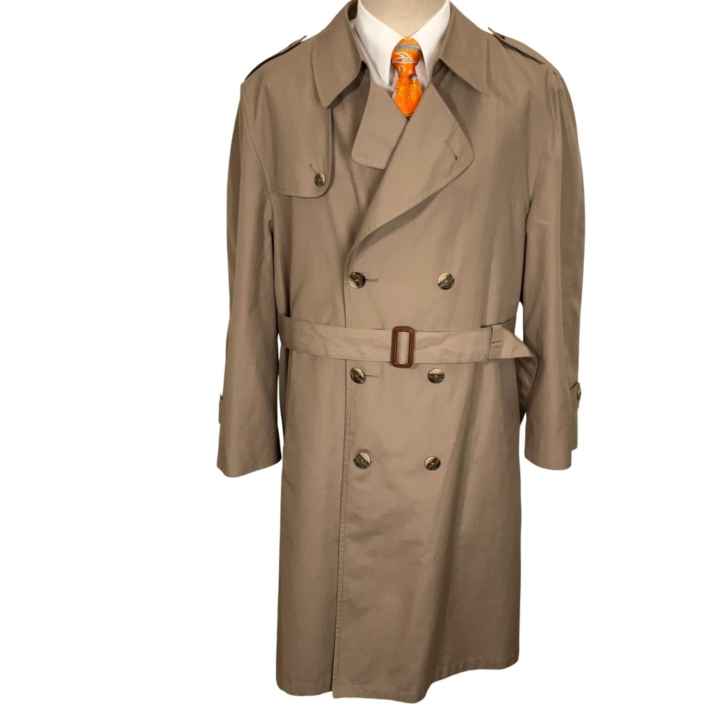 Hart Schaffner Marx Trench Coat Men 44R Tan Belt Double Breasted
